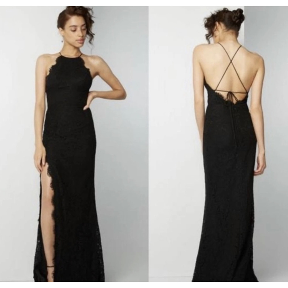 Fame and Partners Black Lace Halter High Slit Open Back Formal Dress Size 0